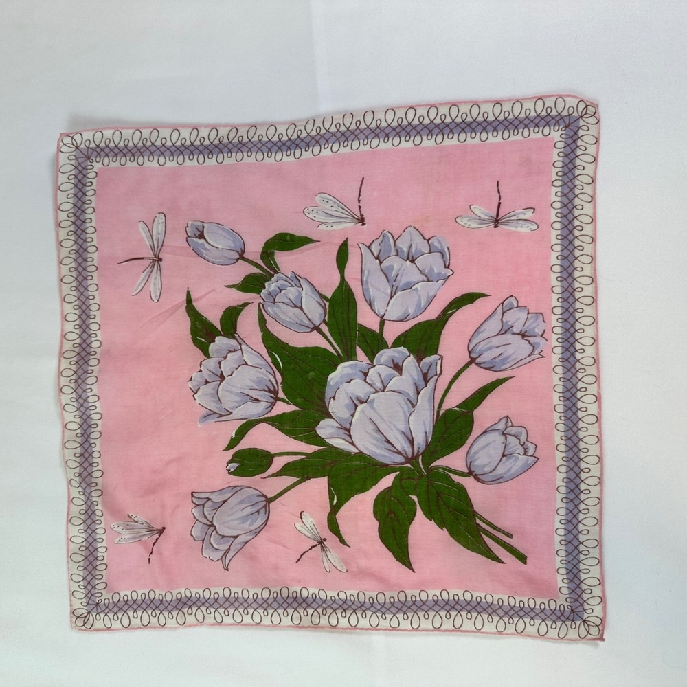 Vintage Pink Floral Handkerchief Lavender Tulips Dragonflies Scalloped Border